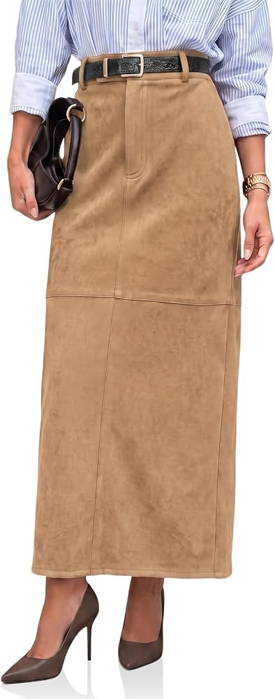 Cicy Bell Womens Suede Maxi Skirt High Waisted Slit Patchwork Pencil Skirts | Amazon (US)