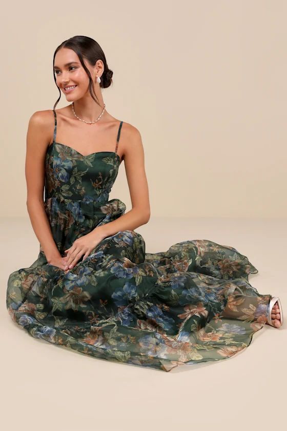 Green Floral Organza Tiered Maxi Dress | Green Floral Dress | Green Maxi Dress | Lulus