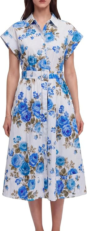 Women Summer Dresses 2025 Casual Wing Short Sleeve Button Down Midi Dress Floral Long Dress with ... | Amazon (US)