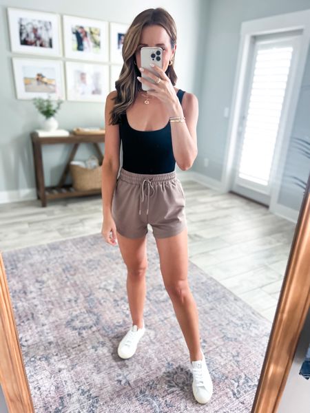 Amazon knit shorts (XS). Casual outfit. Summer outfit. Mom outfit. Amazon ribbed bodysuit (small). Amazon summer shorts. Casual style. Travel outfit. Airport outfit. I LOVE these shorts!! Veja Esplar sneakers. 

#LTKunder50 #LTKtravel #LTKshoecrush