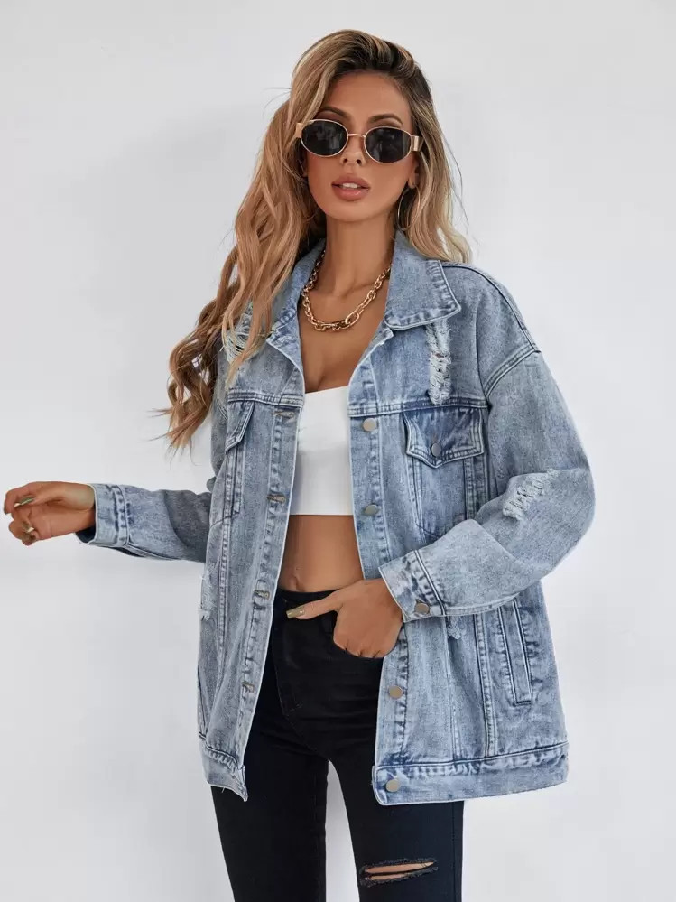 SHEIN Frenchy Button Blue Front Flap Pocket Drop Shoulder Denim Jacket | SHEIN