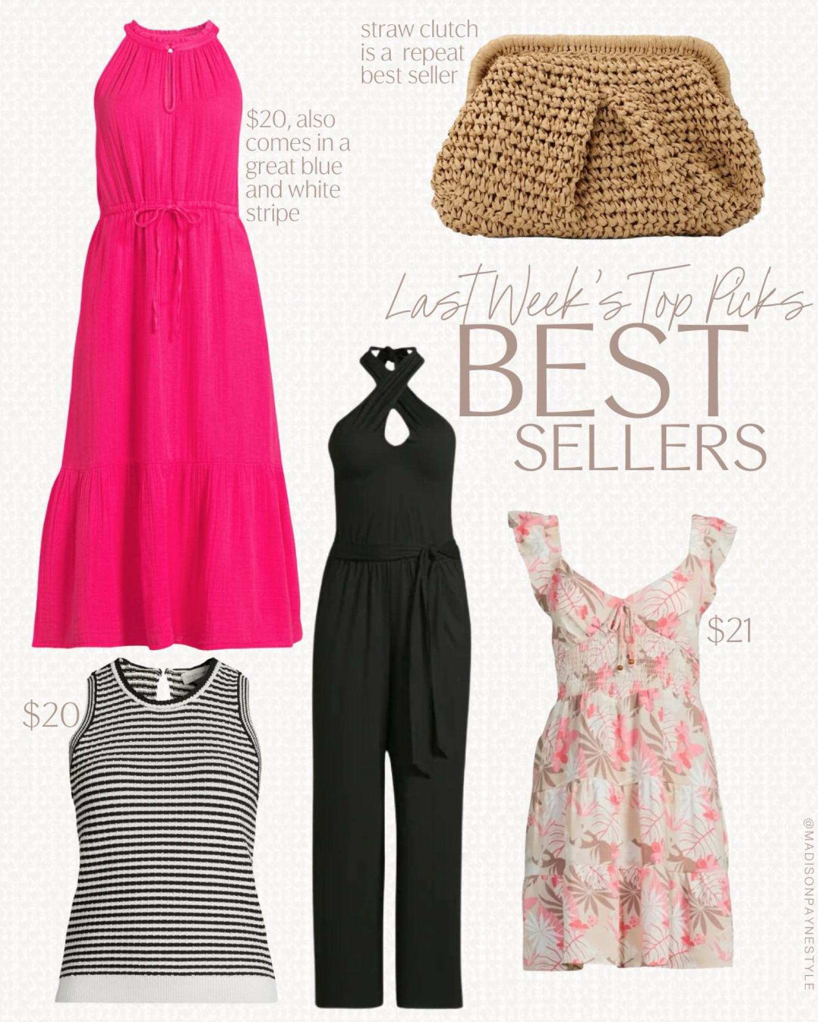 $20 Summer Dress was a best seller last week 🥰 along with a straw clutch that’s a repeat best seller, a $20 tank that comes in multiple colors, a halter jumpsuit perfect for your next getaway, and a $21 floral mini dress 👗 

Dress, Dresses, Walmart Dress, Walmart Jumpsuit, Walmart Tank Top, Amazon Clutch, Amazon Handbag, Best Sellers, Madison Payne

#LTKStyleTip #LTKFindsUnder50 #LTKSeasonal