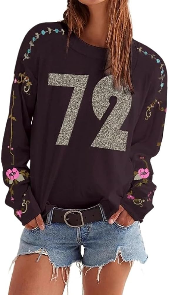 Y2K Oversized Graphic Sweater for Women 72 Print Floral Embroidery Vintage Long Sleeve Sweatshirt | Amazon (US)