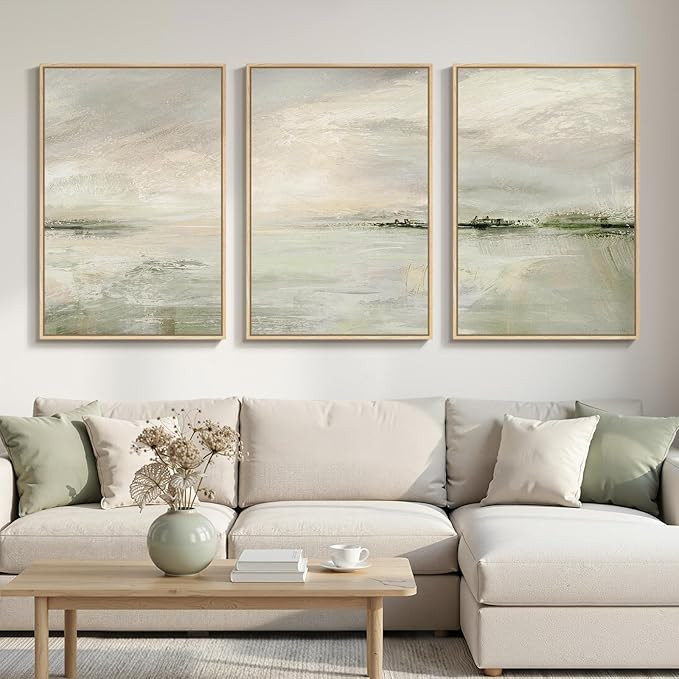 Large Framed Sage Green Abstract Landscape Wall Art for Living Room, 3 Piece Modern Canvas Prints... | Amazon (US)