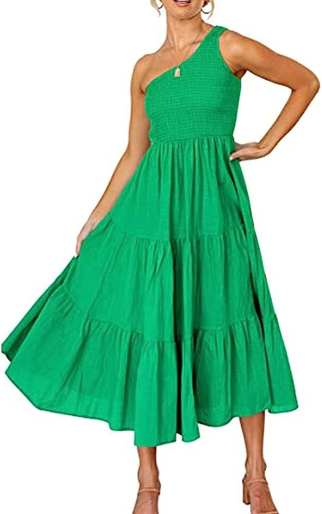 Gecdgzs Women's Summer One Shoulder Dresses Boho Smocked Midi Dress Flowy Ruffle Tiered Beach Party  | Amazon (US)