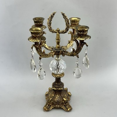 Vintage Hollywood Regency MCM 4 Arm Brass and Crystal Candelabra Candle Holder | eBay US
