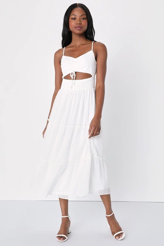 Flirting with Sunshine White Swiss Dot Cutout Tiered Midi Dress | Lulus