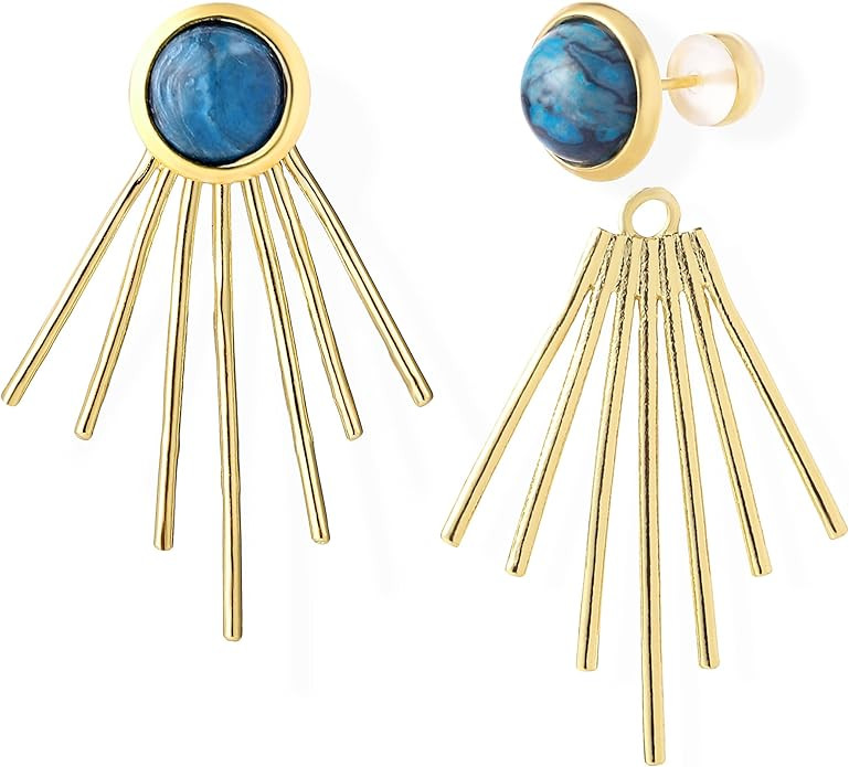 Golden Sun Ray Jacket Earrings Sunburst Charm Round Stone Ear Studs Modern Celestial Statement Ea... | Amazon (US)