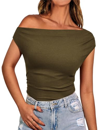BTFBM Women Off The Shoulder Tops Casual Summer Boat Neck Sleeveless Ruched Ribbed Shirt Slim Fit... | Amazon (US)