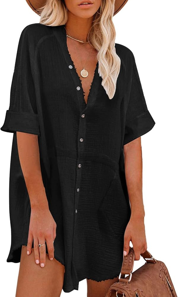 Paintcolors Women's Cotton Button Down Shirt Short Sleee Dresses Tunics Oversized Beach Cover up Blo | Amazon (US)