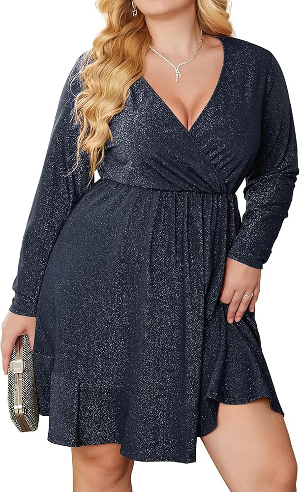 Zeagoo Plus Size Womens Glitter Dress V Neck Long Sleeve Ruffle Hem Swing Club Cocktail Party Dre... | Amazon (US)