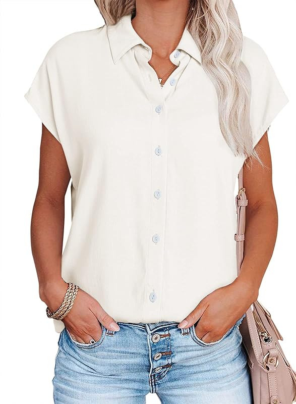 Womens Work Blouses Cap Sleeve Button Down Tops V Neck Collared Casual Business Plain Basic Summe... | Amazon (US)