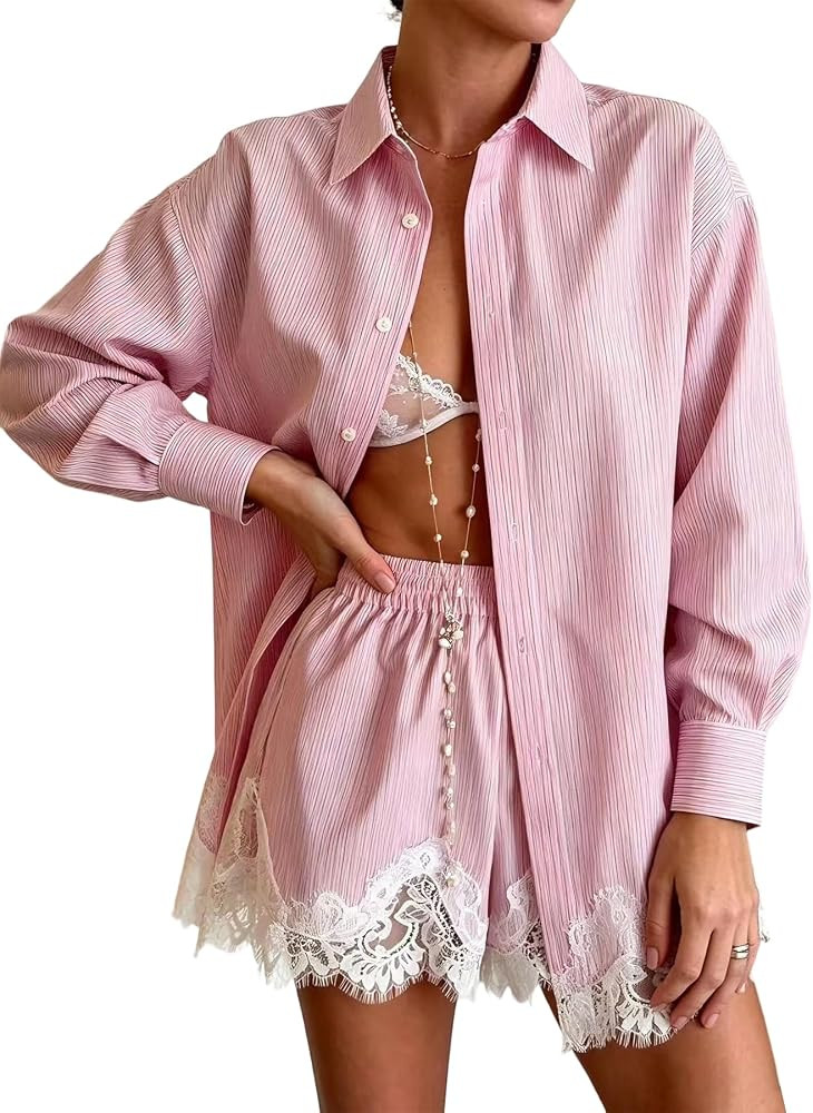 Women's Lace Trim 2 Piece Set Summer Long Sleeve Button Down Shirt Matching Elastic Waist Shorts Vacation Outfits | Amazon (US)