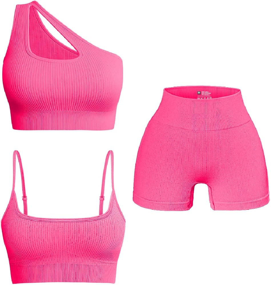OQQ Women's 3 Piece Outfits Ribbed Seamless Exercise Scoop Neck Sports Bra One Shoulder Tops High... | Amazon (US)