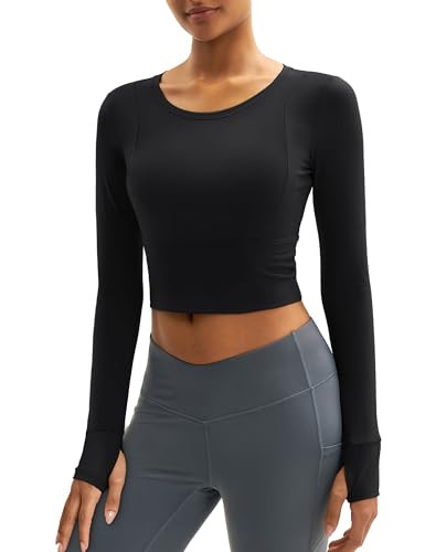 MAGCOMSEN Crop Tops for Women Workout Long Sleeve Tees Gym Running Yoga Tight Shirt Slim Fit Fall Activewear Black M | Amazon (US)