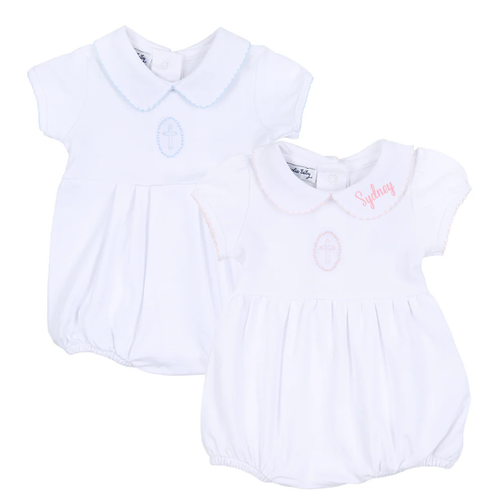 Blessed Cross Embroidered White Collared Bubble | Classic Whimsy