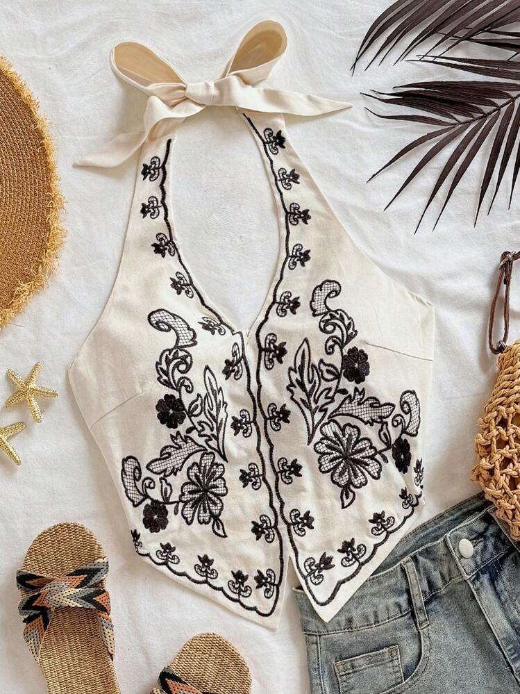Soleia Apricot Base Black Flower Embroidery Halter Neck Bow Backless Cropped Tank Top, Suitable F... | SHEIN