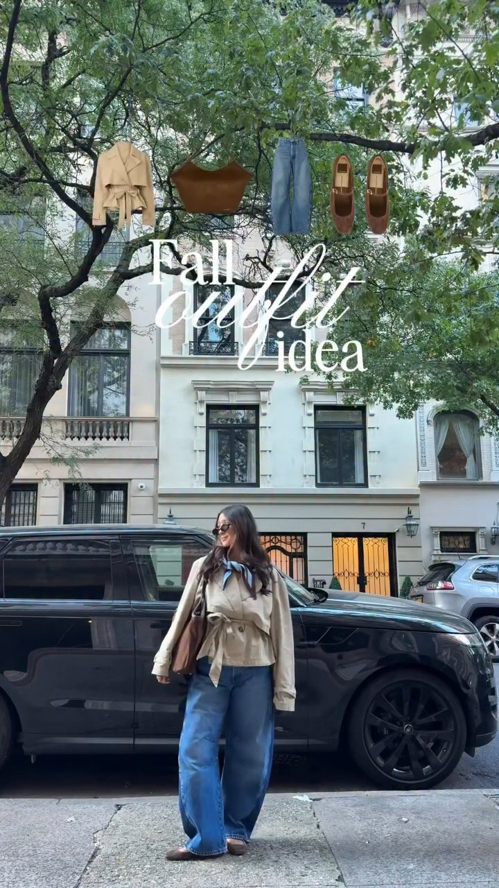 Fall outfit idea- a go to look with a cropped trench and barrel jeans but added some fun accessories 🤎