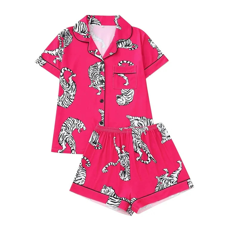 Womens Pajama Sets Tiger Print Short Sleeve Shorts With Collar Cardigan Sleepwear Loungewear Nigh... | Walmart (US)