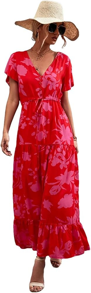 Women Boho Long Dress V Neck Floral Print Maxi Dress Lace Up Button Ruffle Beach Dress | Amazon (US)