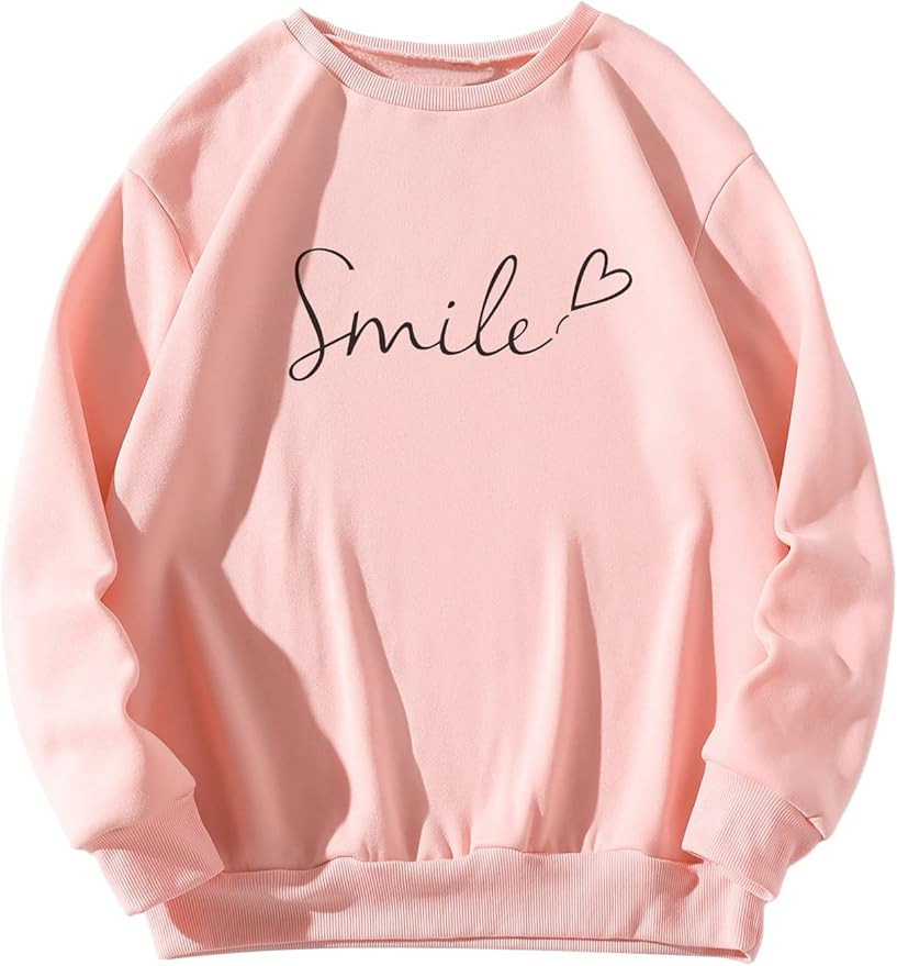 ROMWE Women's Letter Print Long Sleeve Crewneck Sweatshirt Graphic Pullover Tops | Amazon (US)