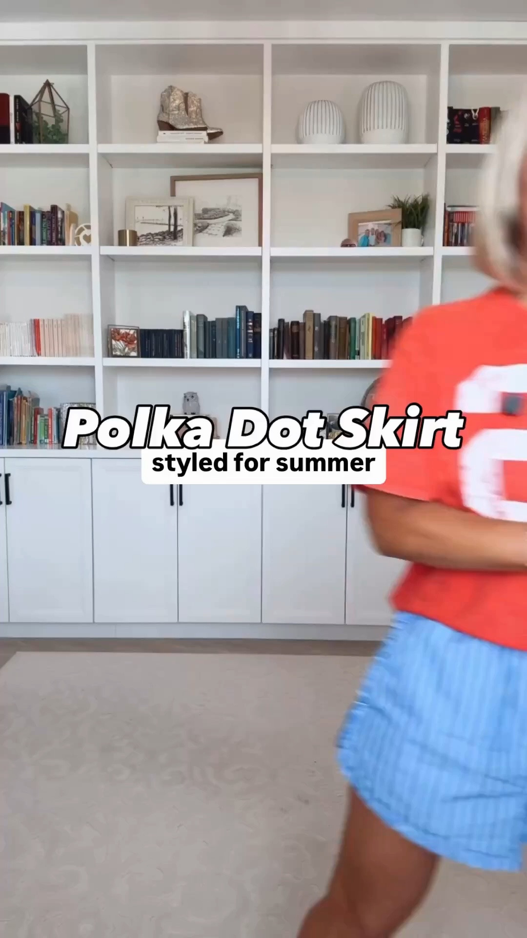 One polka skirt - styled 8 ways: • Midi skirt - size XS. Not lined but not see through. Elastic waistband and pockets! 1. White tank w/ built in bra - size XS. 2. Denim vest - size Small. 3. Crochet top - size Small. 4. Blue top - size Small. 5. Striped top - size XS. 6. White Button Down - size Small. 7. Yellow vest - size Small. 8. Navy top - size small.

#LTKootd #LTKSeasonal #LTKOver40