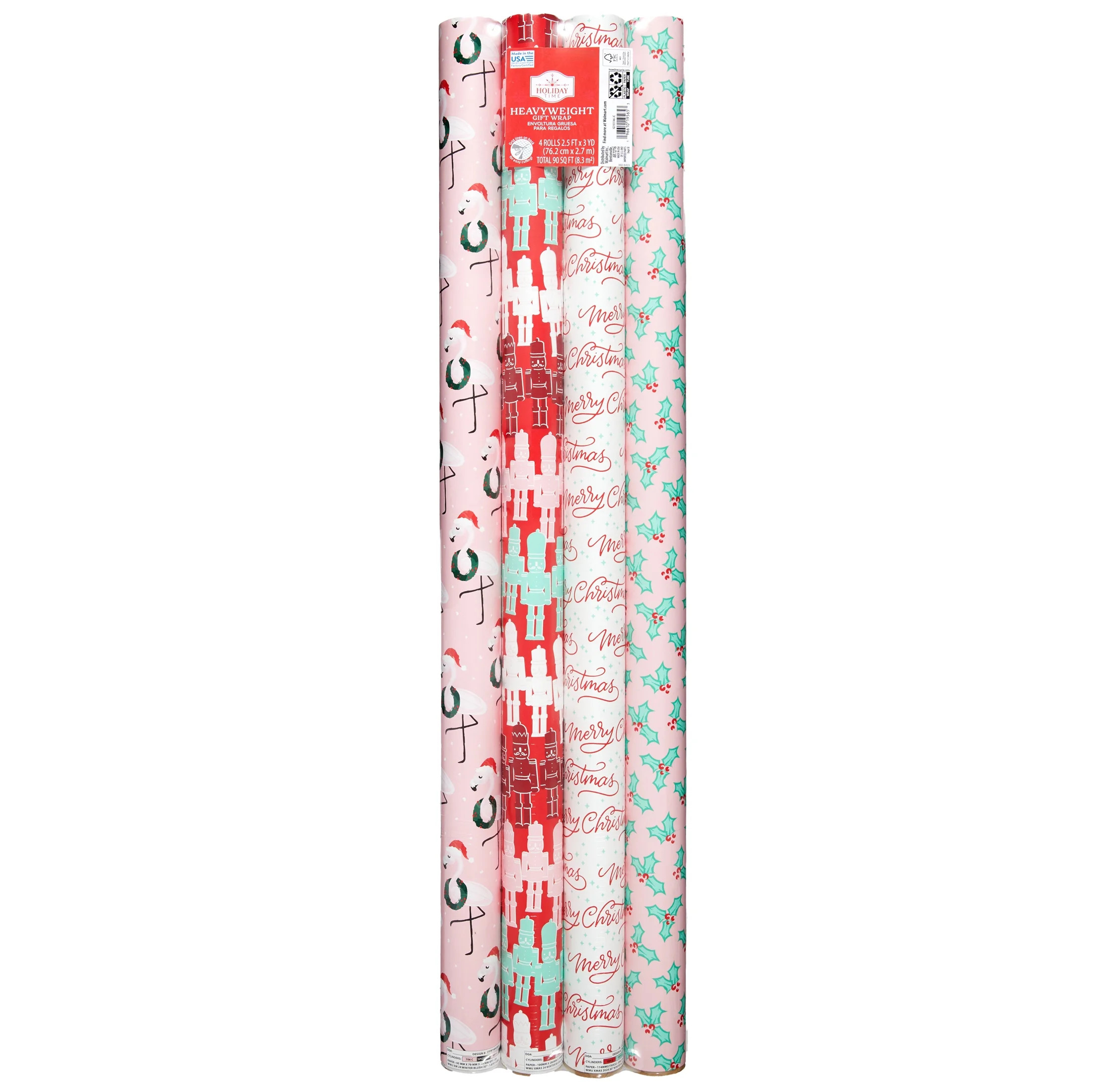 Pink and Red Winter Blush Heavyweight Christmas Gift Wrap, 120 Sq ft, 4 Count, by Holiday Time | Walmart (US)