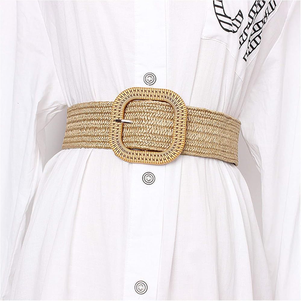 Women Skinny Dress Belt, Fashion Straw Woven Elastic Stretch Waist Band Wood Buckle Belt | Amazon (US)