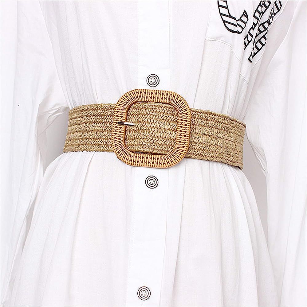 Women Skinny Dress Belt, Fashion Straw Woven Elastic Stretch Waist Band Wood Buckle Belt | Amazon (US)