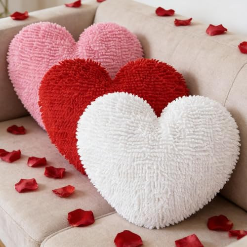 Cumule 3Pcs Valentine's Day Heart Pillows Plush Large Love Heart Pillows Red Ivory Pink Pillows for Valentines Day Living Room Bedroom Decor | Amazon (US)