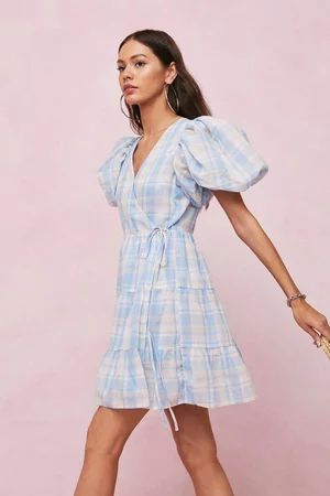 Checked Puff Sleeve Wrap Mini Dress | Nasty Gal (US)