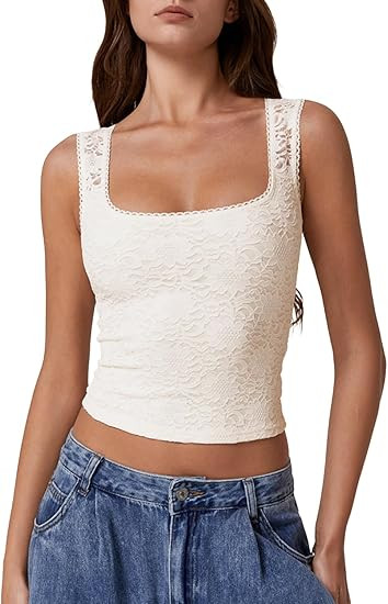QINSEN Womens Lace Trim Square Neck Sleeveless Tank Tops Double-Layer Slim Fit T Shirt Crop Tops | Amazon (US)
