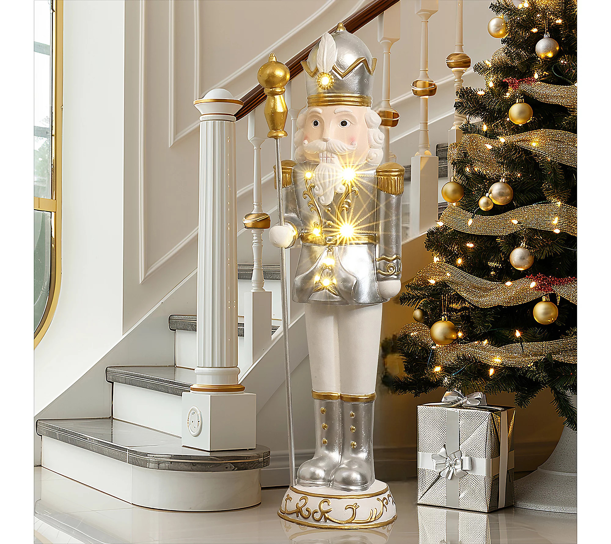 LuxenHome 4ft Lighted Nutcracker King, White, Christmas Decor | QVC