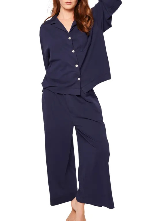 Petite Plume Olivia Wide Leg Pima Cotton Pajamas in Navy at Nordstrom, Size Large | Nordstrom
