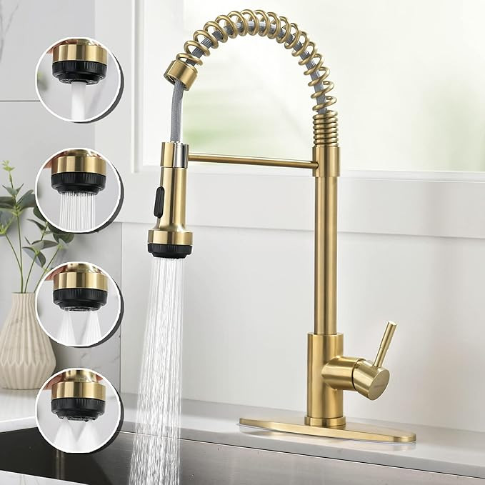 Rainovo Kitchen Faucet with 4 Mode Pull Down Sprayer Brushed Gold, Spring Kitchen Sink Faucet Sta... | Amazon (US)
