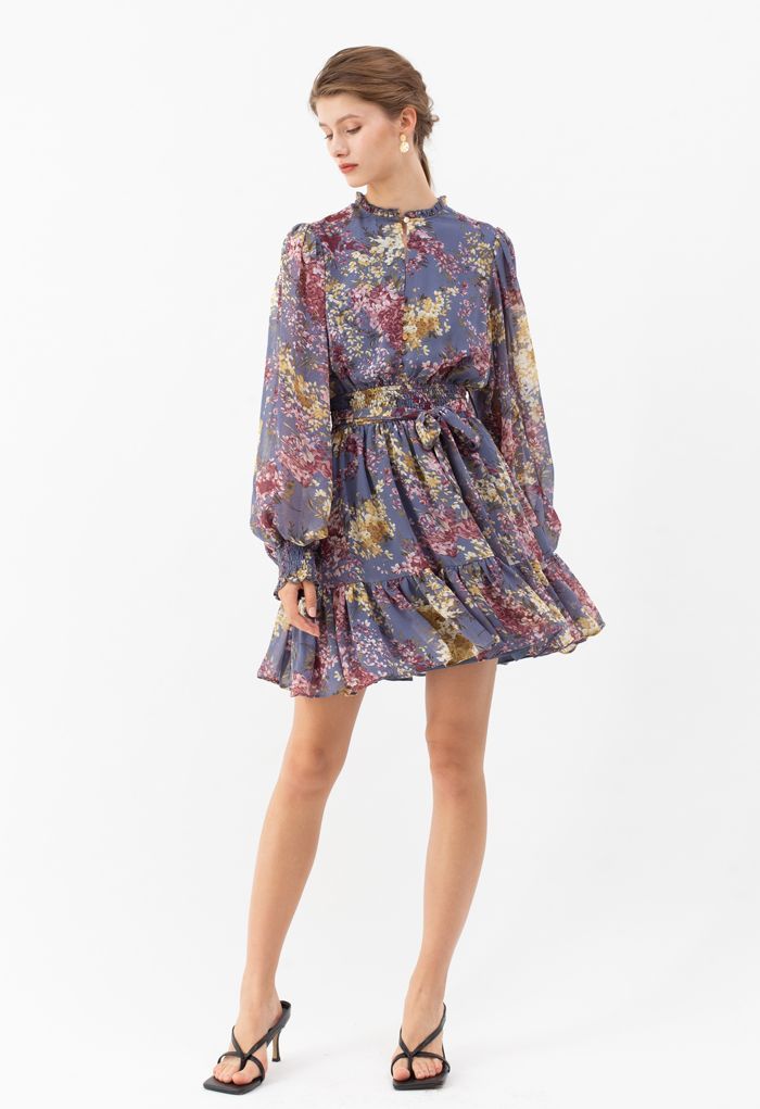 Flying Petals Print Puff Sleeves Ruffle Dress in Lavender | Chicwish