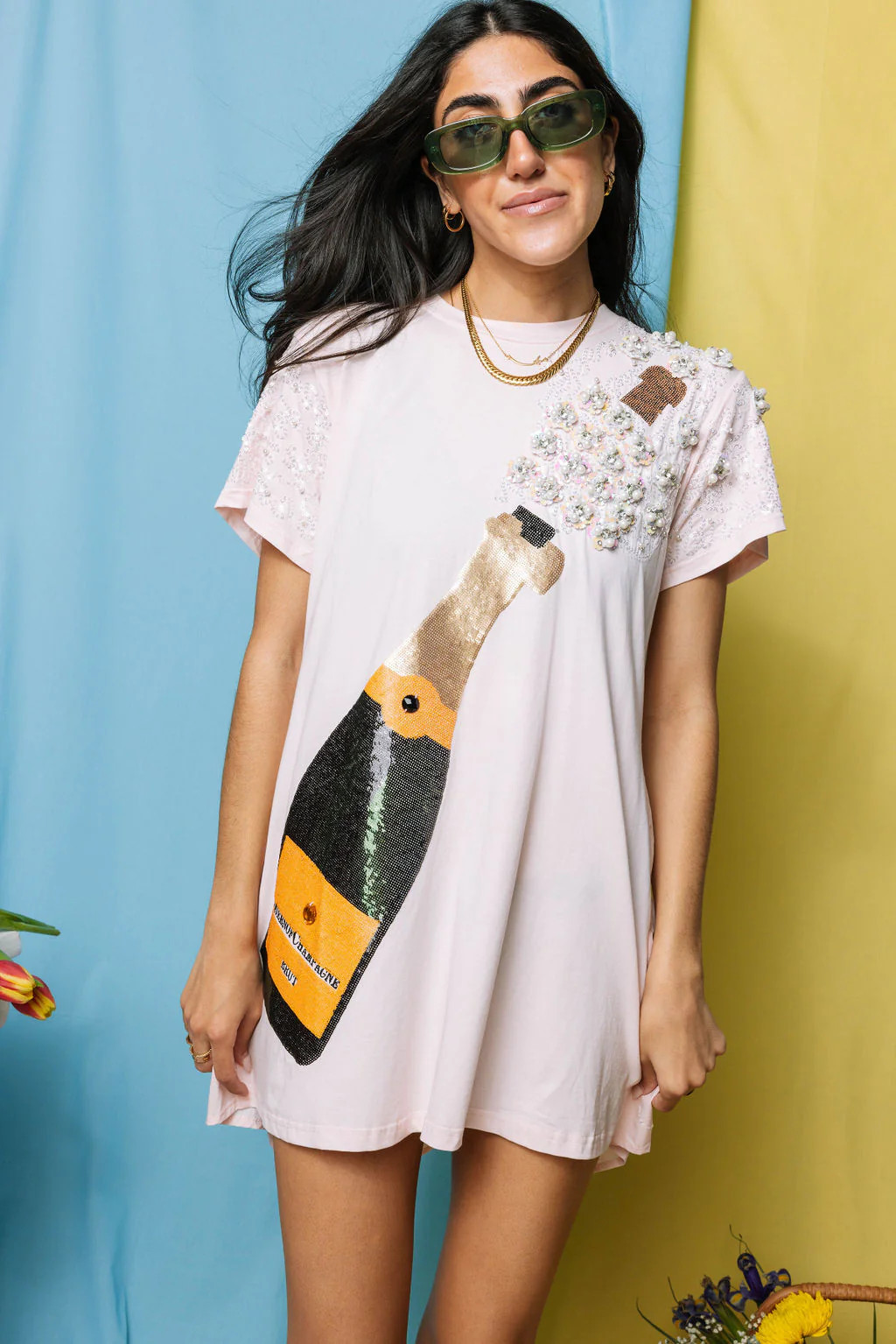 Light Pink Popping Champagne Tee Dress | Queen of Sparkles