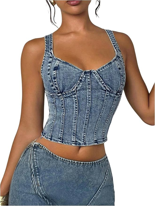 WDIRARA Women's Denim Corset Tank Top Sweetheart Neck Backless Crop Tops       Send to LogieInsta... | Amazon (US)