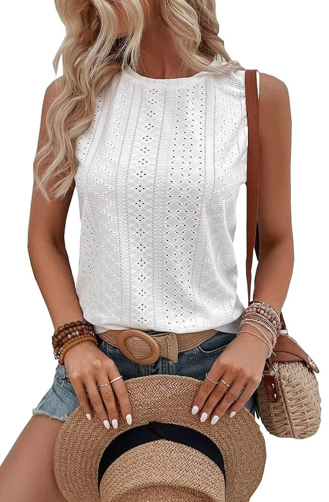 Embroidered Eyelet Tank Top Women Summer Vacation Tops Casual Country Tee Shirts Sleeveless Fashi... | Amazon (US)