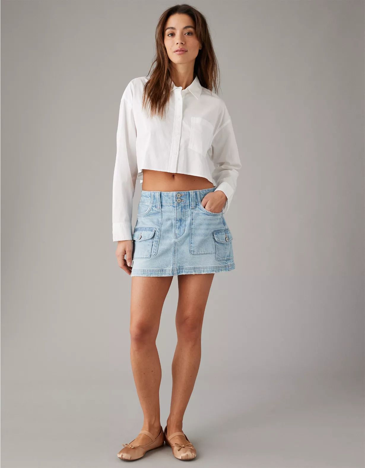 AE Stretch Low-Rise A-Line Denim Cargo Mini Skirt | American Eagle Outfitters (US & CA)