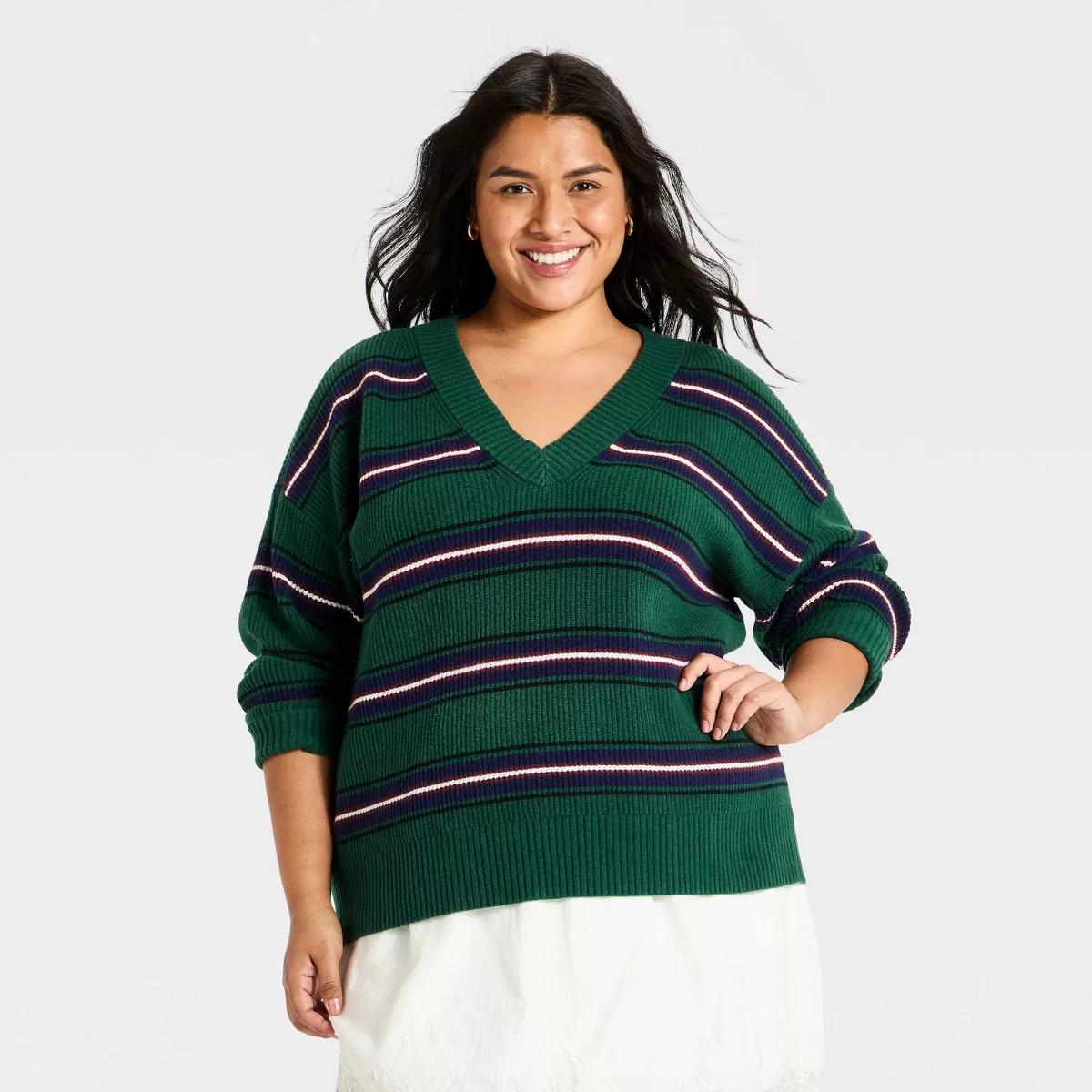 Women's Plus Shaker V-Neck Pullover Sweater - Ava & Viv\u2122 Navy Blue Striped 2X | Target