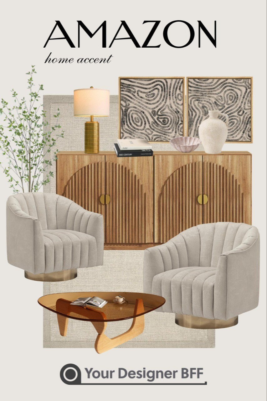 Amazon home accent finds that instantly elevate your space 🤎✨This cozy, modern setup features a warm wood sideboard with textured details, neutral swivel chairs, a sculptural coffee table, and layered decor for that designer-approved look. Perfect pieces to refresh your living room with style, texture, and warmth—all from Amazon.

#LTKHome