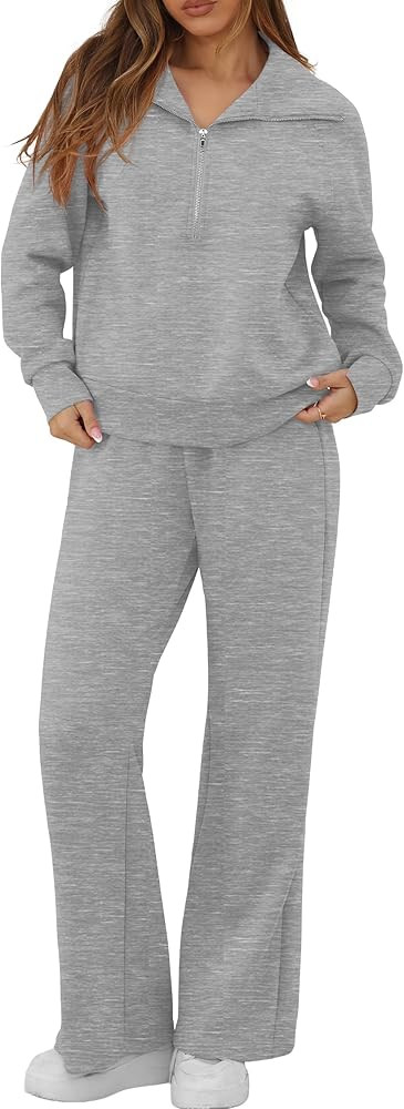 GRECERELLE Lounge Sets For Women 2026 Casual Lapel Half Zip Sweatshirt And Wide Leg Sweatpant 2 P... | Amazon (US)