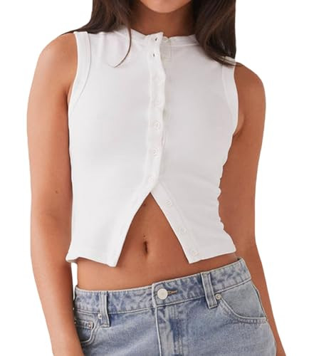 Women Button Down Tank Vest Sleeveless Ribbed Open Front Shirt Crewneck Button Up Slim Fit Crop Tank Top（Cute White，Large） | Amazon (US)