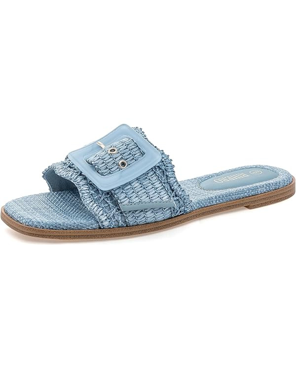 Rihero Women's Raffia Flat Sandals Square Open Toe Summer Beach Slip On Woven Buckle Slide Sandal... | Amazon (US)