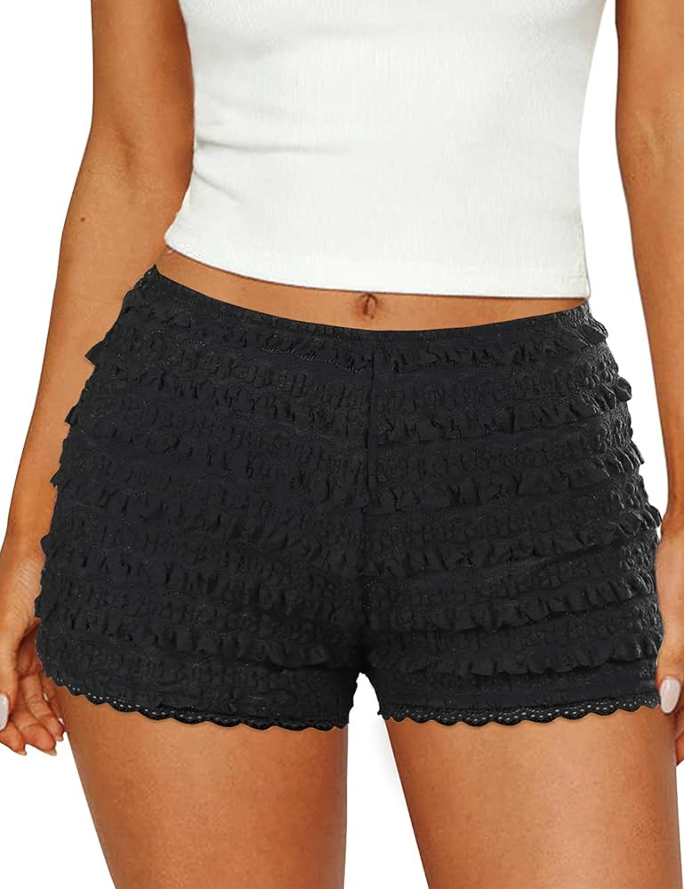 FOMELY Women's Ruffle Shorts Lace Bloomers Y2k Mini Shorts Bloomers for Women with Liner | Amazon (US)
