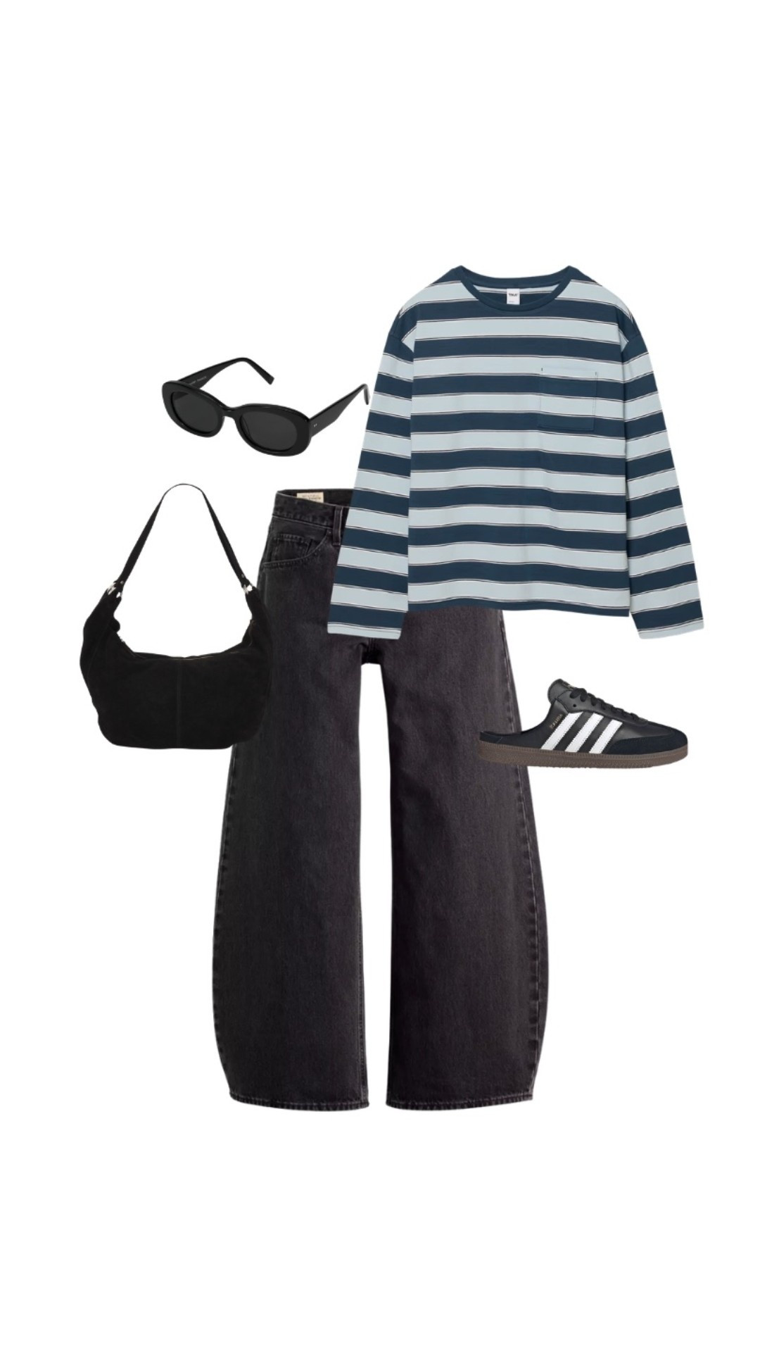 Cool girl fall: big on top, big on bottom

Oversized top, striped shirt, balloon jeans, teardrop jeans, suede bag, Aritzia, mule sneakers, fall style #seasonal