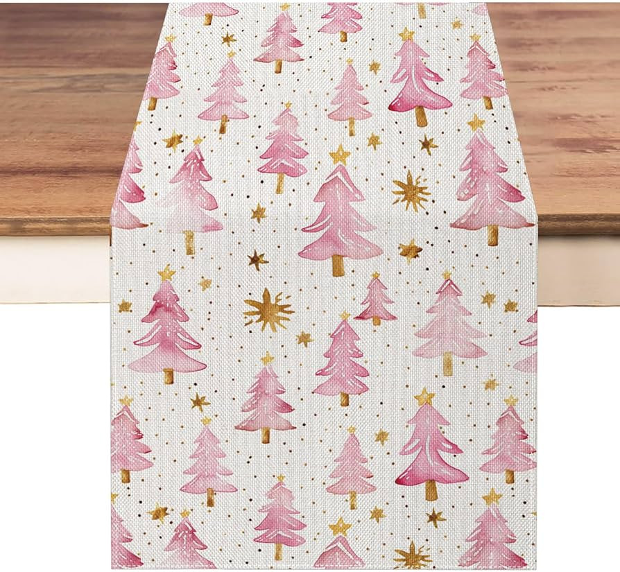 Christmas Table Runner 13x72 Inch, Pink Merry Christmas Trees Table Decors for Seasonal Winter Xm... | Amazon (US)