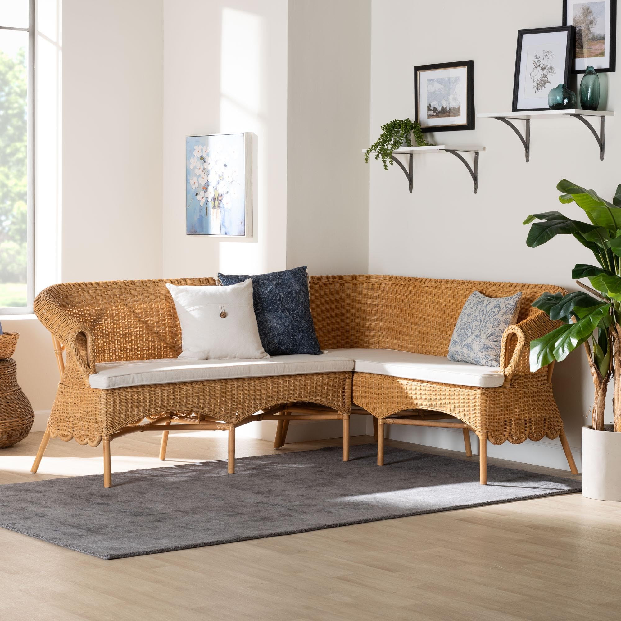 Bali & pari Tamara Rattan 2-Piece Dining Nook Bench Set with Scallop Edges, Light Honey | Amazon (US)