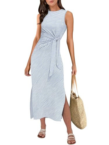 ANRABESS Womens Summer Casual Sleeveless T Shirt Midi Dress Slim Fit Tie Waist Split Tank Long Dresses 2026 Vacation Sundress Striped Light Blue Medium | Amazon (US)